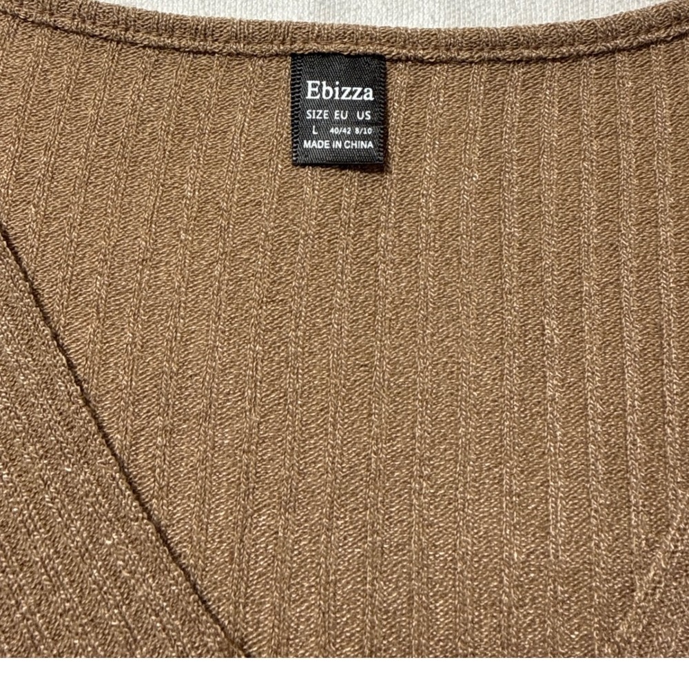 Ebizza Womens Ribbed V-Neck Long Sleeve Top Tan Brown Strap Detail Size Large - Picture 3 of 6